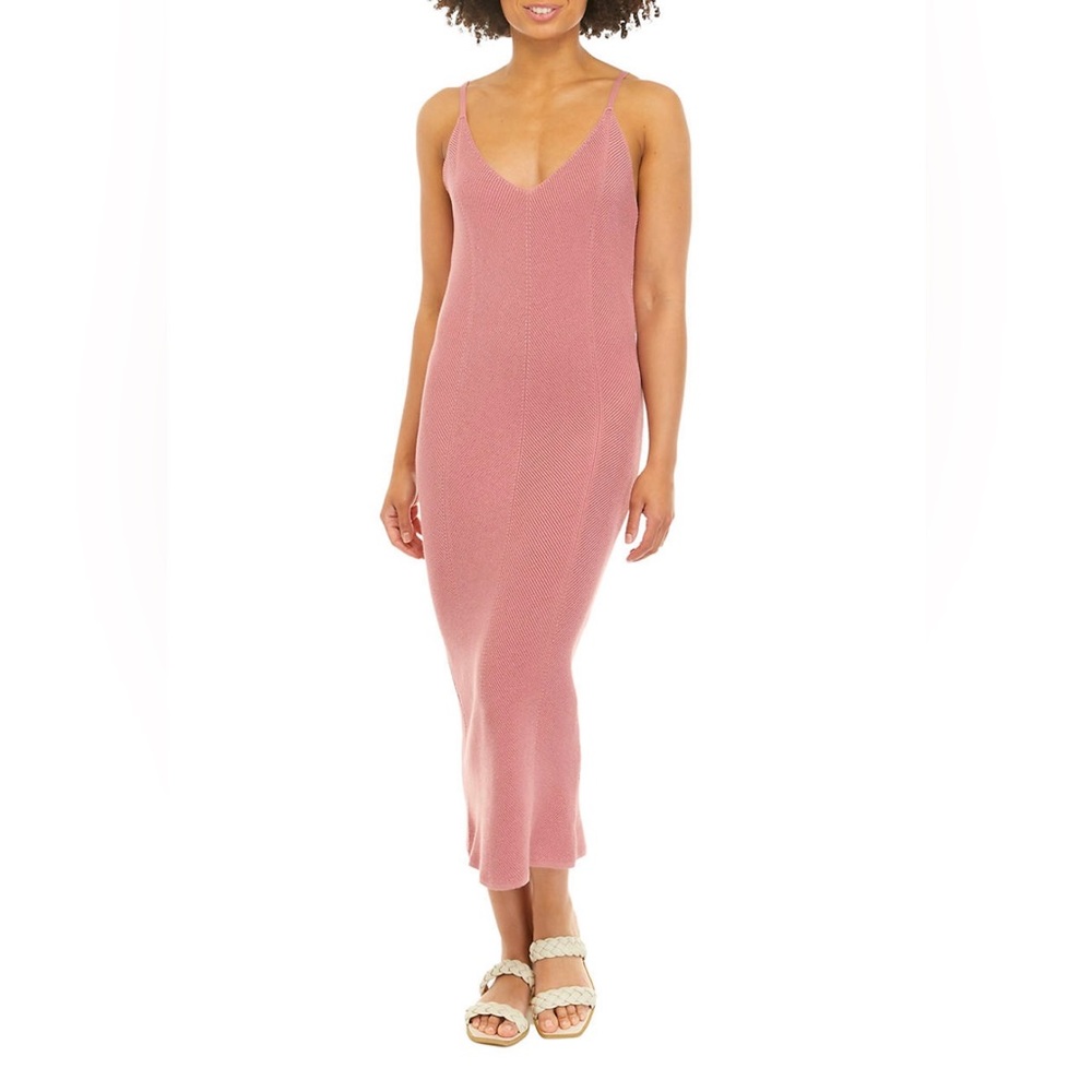 True Craft Ribbed Column Sweater Dress | V-Neck | Dusty Rose | Large